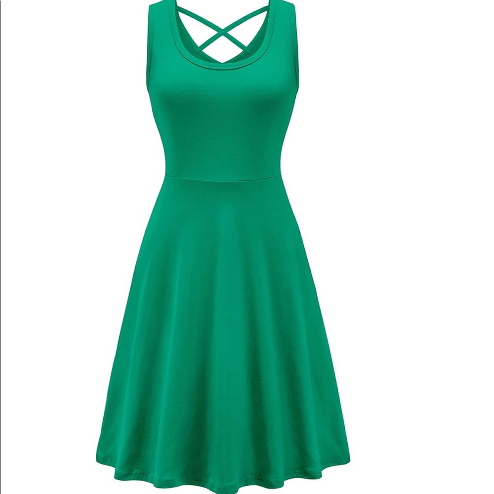 Green Dress Womans Casual Cotton Criss Cross Vneck